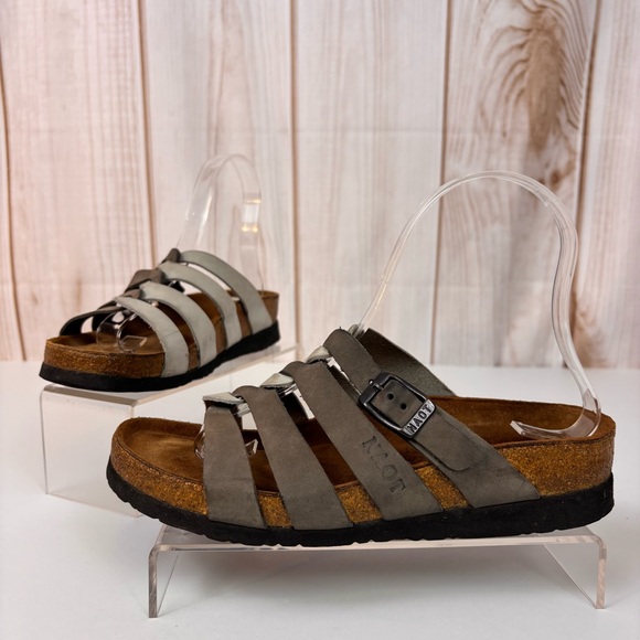 Naot Shoes - Naot Leather Multi-Strap Lining Sandals Cork Footbed Comfort Shoes Gray Silver 5